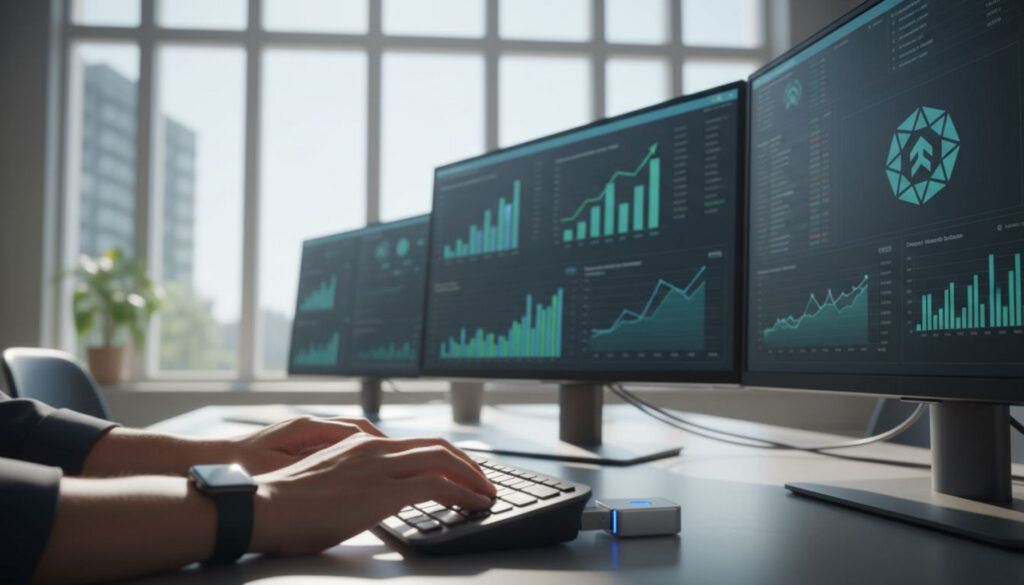 Una persona utilizando una computadora portátil en una oficina moderna, con un certificado digital conectado, interactuando con una plataforma de gestión económica del Ministerio de Hacienda, con gráficos y datos en pantalla.