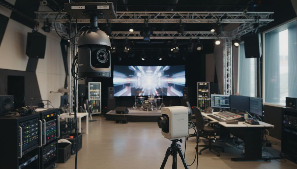 Primer plano de las cámaras robóticas Canon CR-N400 y CR-N350 PTZ, montadas en soportes en un entorno de producción, con sus lentes frontales y mecanismos de pan-tilt-zoom claramente visibles.