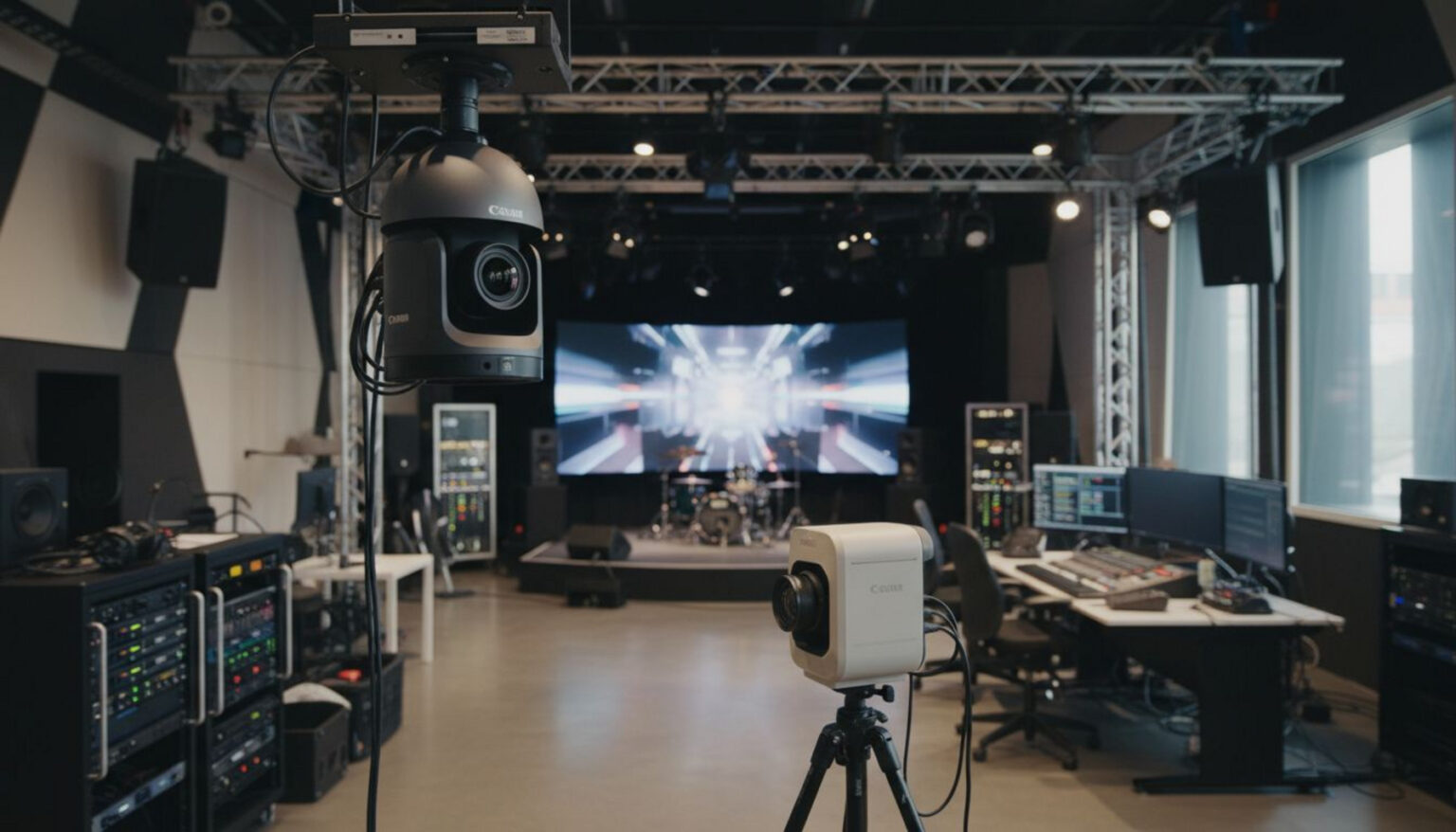 Primer plano de las cámaras robóticas Canon CR-N400 y CR-N350 PTZ, montadas en soportes en un entorno de producción, con sus lentes frontales y mecanismos de pan-tilt-zoom claramente visibles.