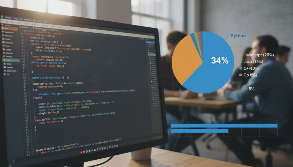 Representación visual de la popularidad de Python en 2025, mostrando un programador trabajando con código Python y gráficos que indican que es el lenguaje principal, por delante de otros lenguajes.