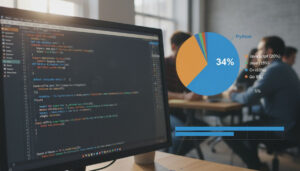 Representación visual de la popularidad de Python en 2025, mostrando un programador trabajando con código Python y gráficos que indican que es el lenguaje principal, por delante de otros lenguajes.